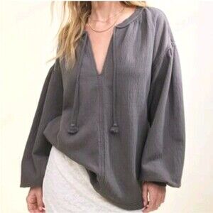 NWOT Aerie Size M Easy Street Gauze Sweatshirt  Tassel Tie Grey Oversized Boho
